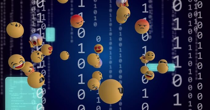 Animation of emoji icons, binary coding and data processing