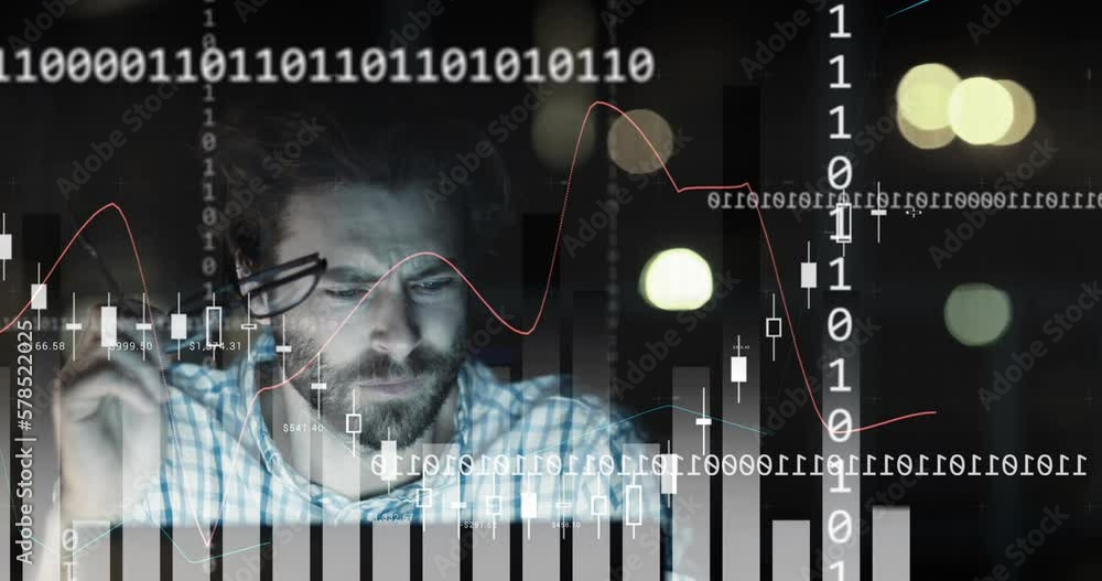 Poster animation of caucasian businessman using computer, binary coding and data processing