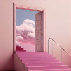 Doorway and staircase in pink clouds