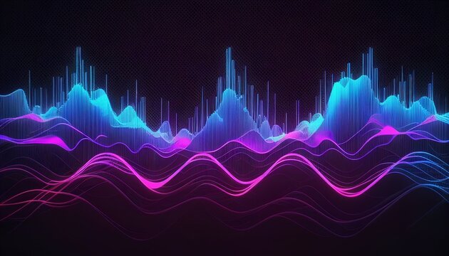 3d render, pink blue wavy neon lines, electronic music virtual equalizer, sound wave visualization, ultraviolet light abstract background