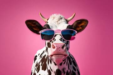 Funny cow with sunglasses in front of pink studio background, concept of Humor and Quirkiness, created with Generative AI technology - obrazy, fototapety, plakaty
