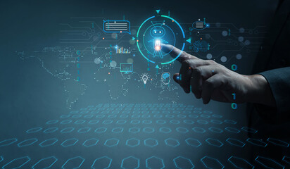 Businessman touching the brain of artificial intelligence (AI). Futuristic business. Innovation connected global network. Investing, financial charts, GPT chatbot, business goals, AI concept.