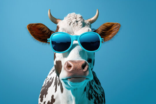 Funny cow with sunglasses in front of blue studio background, concept of Humor and Playfulness, created with Generative AI technology