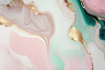 Pink, green and gold marble background. Liquid marble texture. Pastel marble wallpaper.