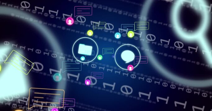 Animation of binary coding and data processing over icons