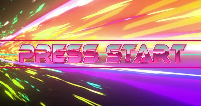 Animation of press start text on multi coloured background