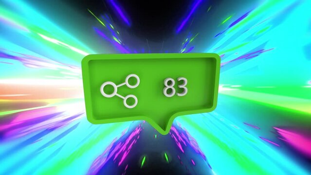 Animation of social media share icon and number on green speech bubble on multi coloured background