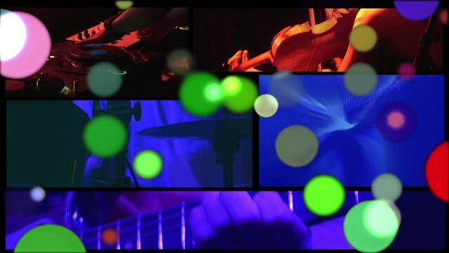 Animation of glowing light spots over screens and people playing music on black background
