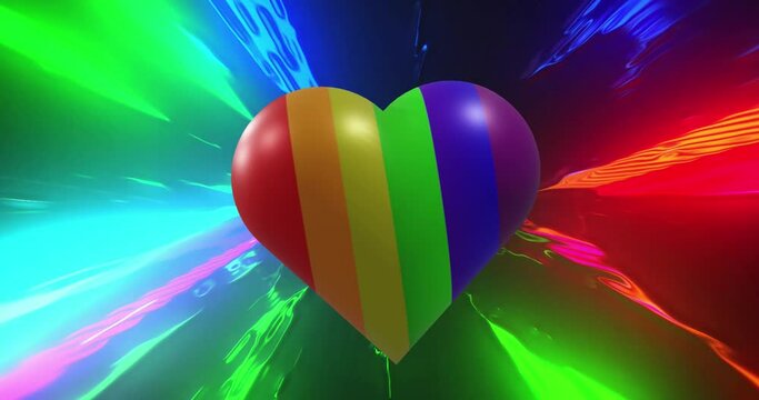 Animation of rainbow heart spinning over multi coloured background