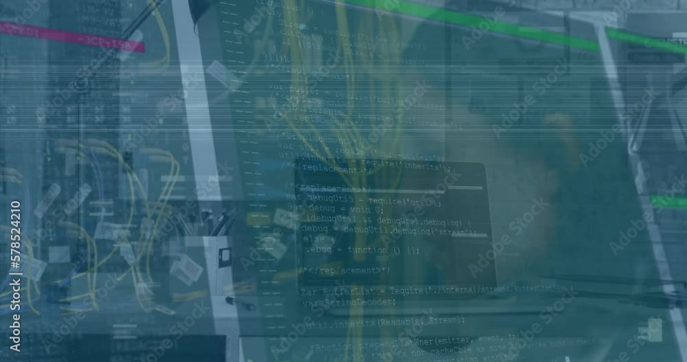 Poster animation of data processing over caucasian female engineer with laptop working in server room