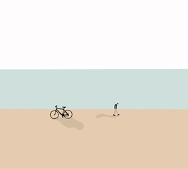 Man and bicycle at the beach on blue sky. Seascape view in sunny summer day on beach.