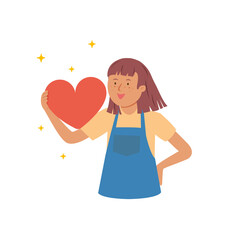 Character of young woman hand holding red heart with happy face, Share love to people, woman with love messages vector illustration