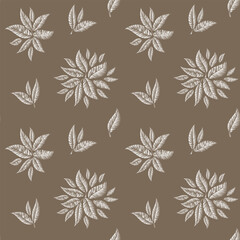 Seamless abstract natural floral pattern. Group of leaves isolated on brown background. Vector Illustration. Design for fabric, wrapping paper, background, wallpaper.