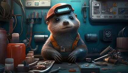 inventive otter engineer digital art illustration, Generative AI