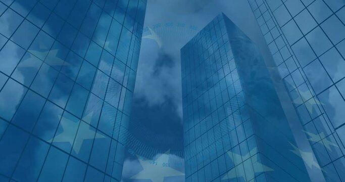 Animation of waving eu flag over low angle view of tall buildings against clouds in the sky