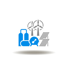 Vector illustration of manufacture plant and wind turbine with solar station. Icon of hydrogen production. Symbol of H2 ecology renewable manufacturing.
