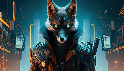 confident futuristic wolf spy digital art illustration, Generative AI