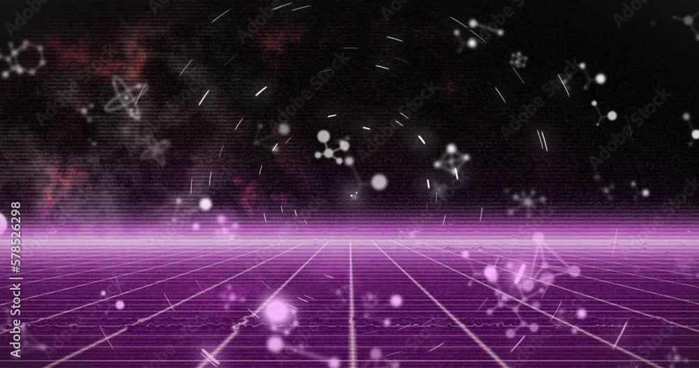 Poster animation of molecular structures and spinning light trails over grid network on black background