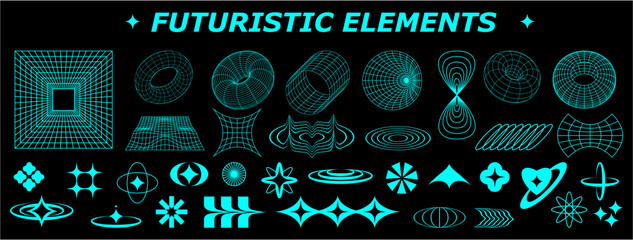 Set Retro futuristic and wireframe elements for design. Collection of abstract graphic geometric symbols. Templates for posters, banners, stickers	