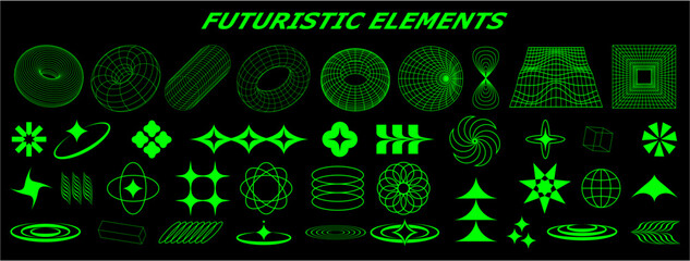 Set Retro futuristic and wireframe elements for design. Collection of abstract graphic geometric symbols. Templates for posters, banners, stickers	