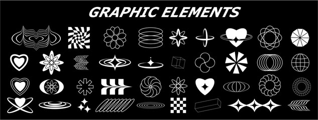 Set Retro futuristic and wireframe elements for design. Collection of abstract graphic geometric symbols. Templates for posters, banners, stickers	