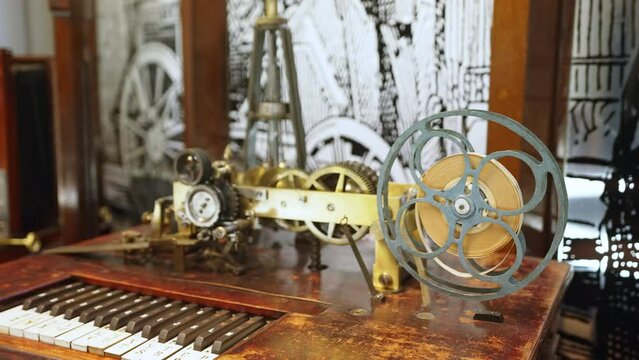 Keyboard telegraph Hughes type, 19th century, in Museum of Technology. High quality 4k footage
