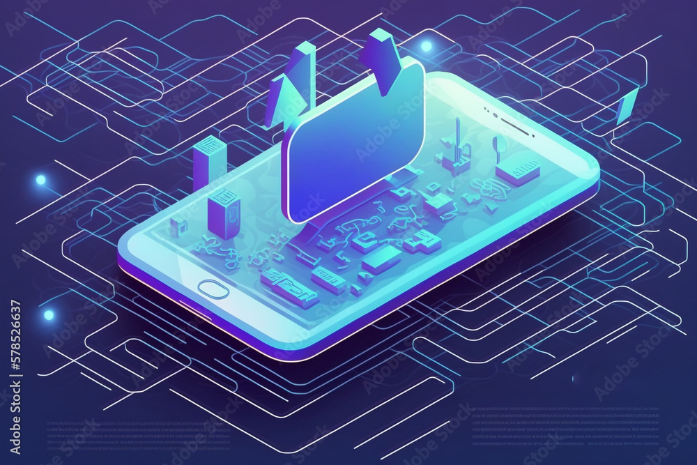 Poster illustrations design concept mobile technology solution on top with video platform, generative ai