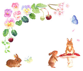 A spring watercolor frame decorated with pansies, wild strawberries, cherry blossom, butterfly and 3 rabbits playing around
