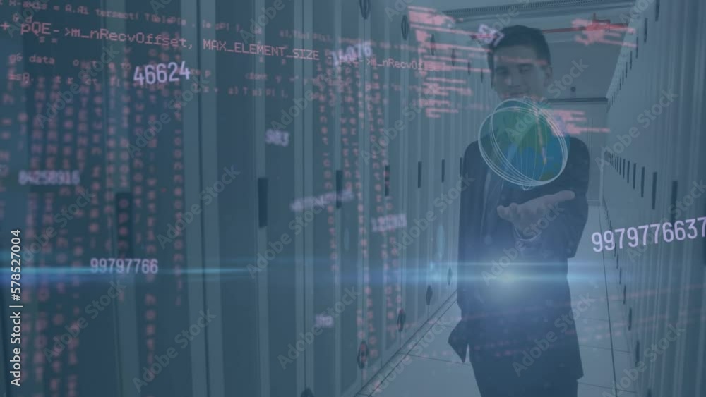 Poster animation of data processing against caucasian man holding an invisible object at server room