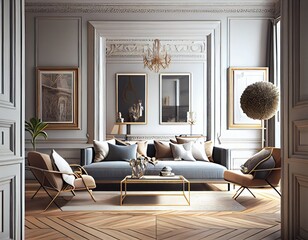Elegant Parisian style living room with hight ceilings and parquet floor, generative ai - obrazy, fototapety, plakaty