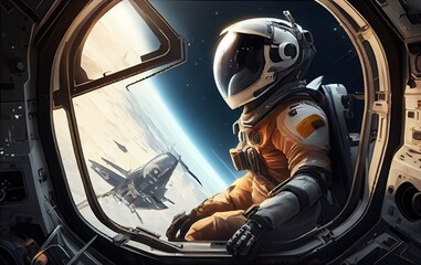 Space travel scene with astronaut and flying rocket, generative ai