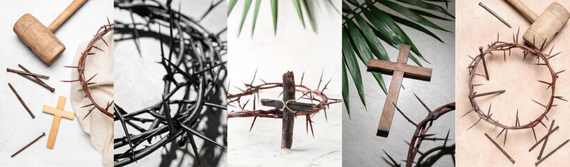 Fototapeta na wymiar Collage for Good Friday with crosses, mallets, nails and crowns of thorns