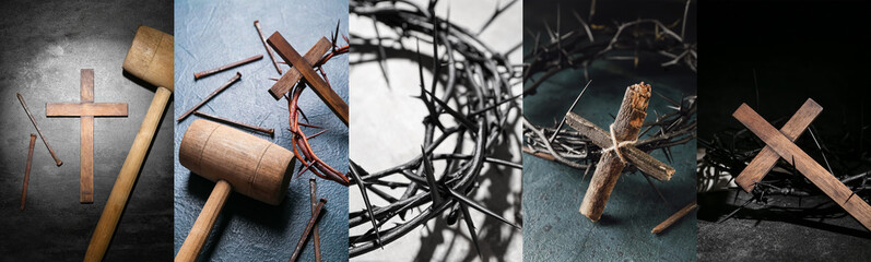 Collage for Good Friday with crosses, mallets, nails and crowns of thorns