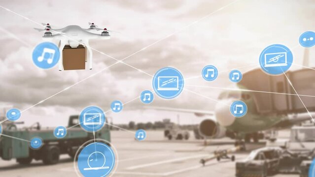 Animation of network of digital icons against flying drone carrying a package at an airport