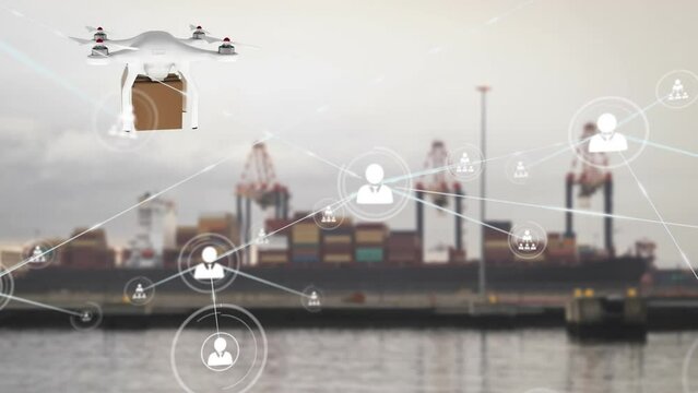 Animation of network of profile icons against flying drone carrying a package at an harbor port