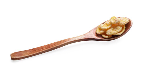 Wooden spoon of tasty crispy corn flakes on white background