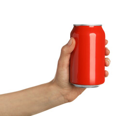 Woman holding red aluminum can on white background, closeup