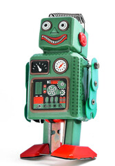 retro green robot toy with a big smile  - 578528861