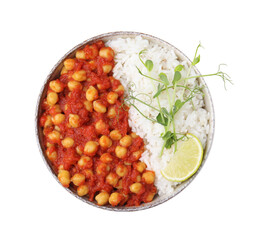 Delicious chickpea curry with rice isolated on white, top view