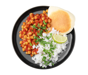 Delicious chickpea curry with rice isolated on white, top view