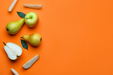 Fresh pears and apple on color background