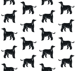 Vector seamless pattern of hand drawn doodle sketch black Afghan hound dog isolated on white background