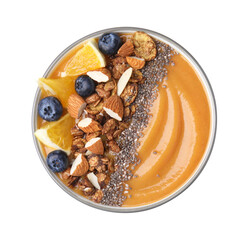 Bowl of delicious fruit smoothie with fresh orange slices, blueberries and granola isolated on white, top view