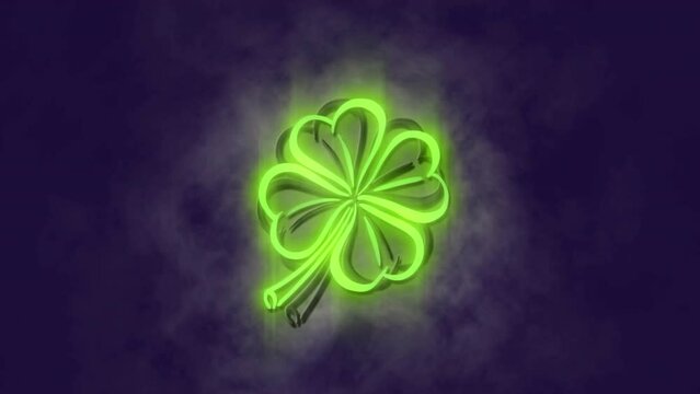 Animation of neon green shamrock icon against smoke effect on grey background