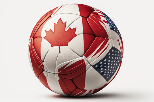 A soccer ball, abstract, with the abstract simplified flags, with light wear of Canada and America USA. Generative AI
