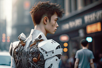 a young teenager boy is a robot or a man as human evolution through mechanical body parts or technological upgrades, fictional place and person. Generative AI