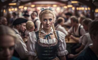 Fototapeta na wymiar waitress, Young adult woman with blond hair in a dirndl at the Oktoberfest in a beer tent, in the background more beer tent visitors, in daylight, front view. Generative AI