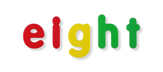 Eight word in coloured magnetic letters on white with clipping path