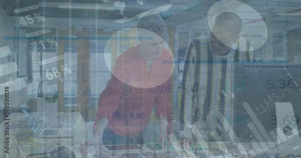 Poster animation of statistical data processing against two diverse man and woman discussing at office