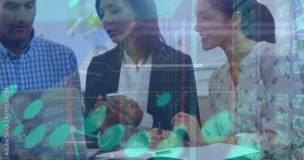 Poster animation of data processing against diverse colleagues discussing together at office